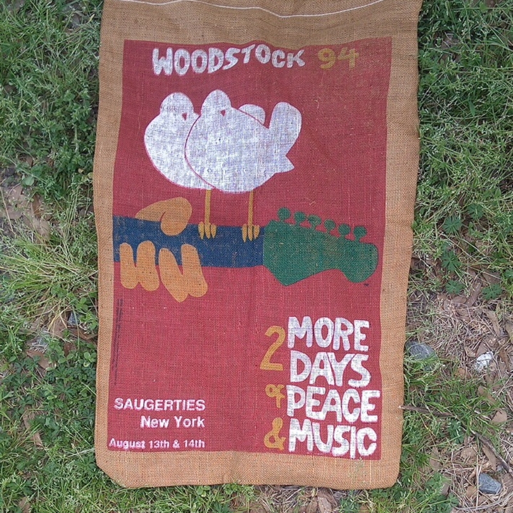 Vintage Woodstock 94 Red Burlap Wall Hanging - Peace & Music Potato Sack